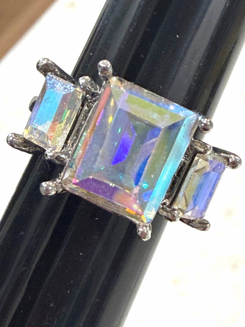 Iridescent Aurora Borealis Emerald Cut 3-Stone Cocktail Ring - Size 5
